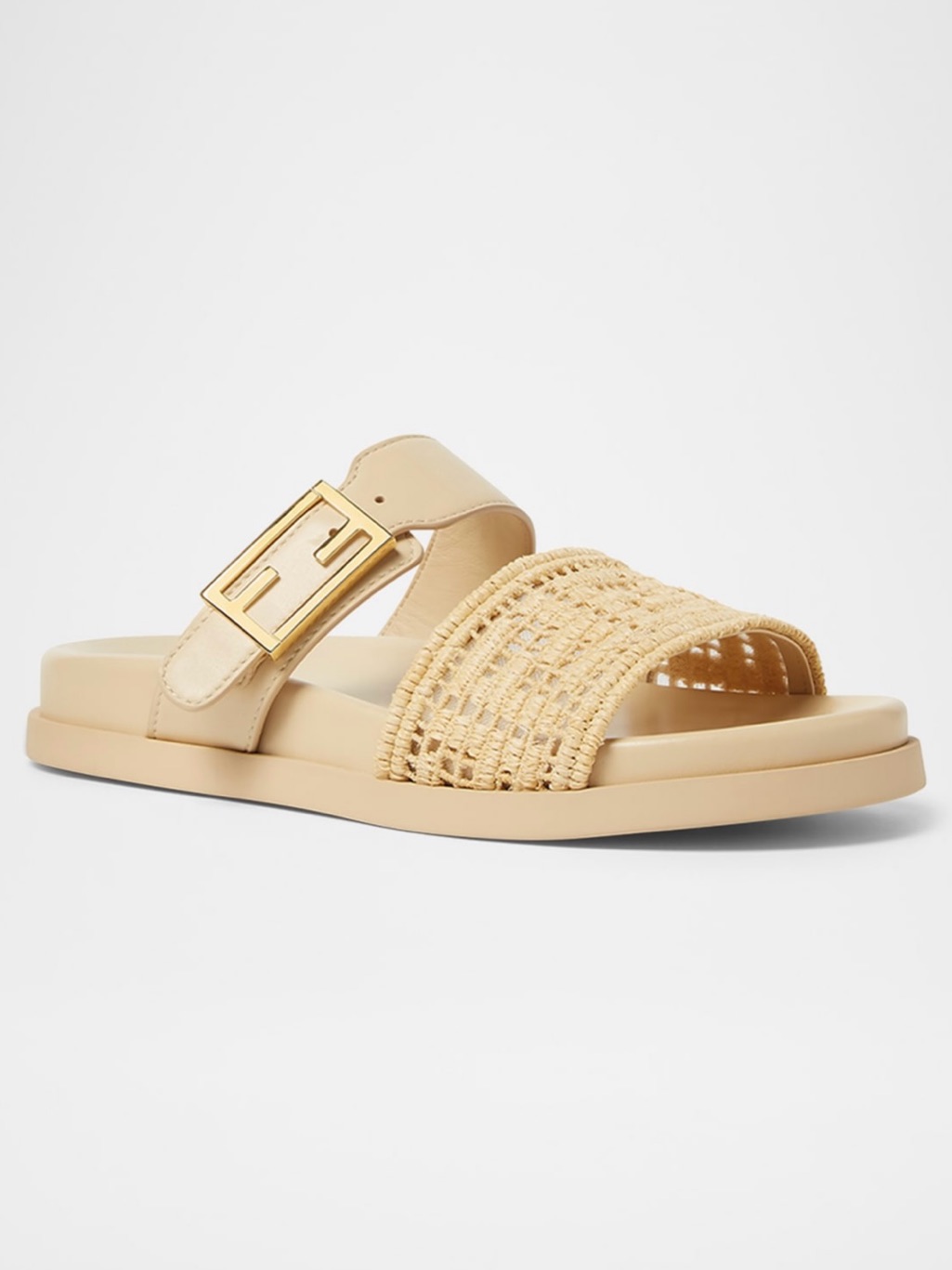 New Fendi Feel Cream Leather And Raffia Slide Sandals - Size 36